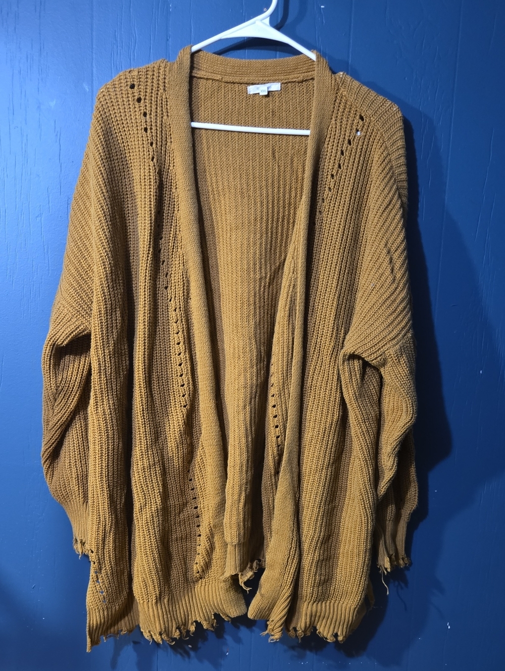 Maurices Mustard Distressed Open-Front Knit Cardigan
